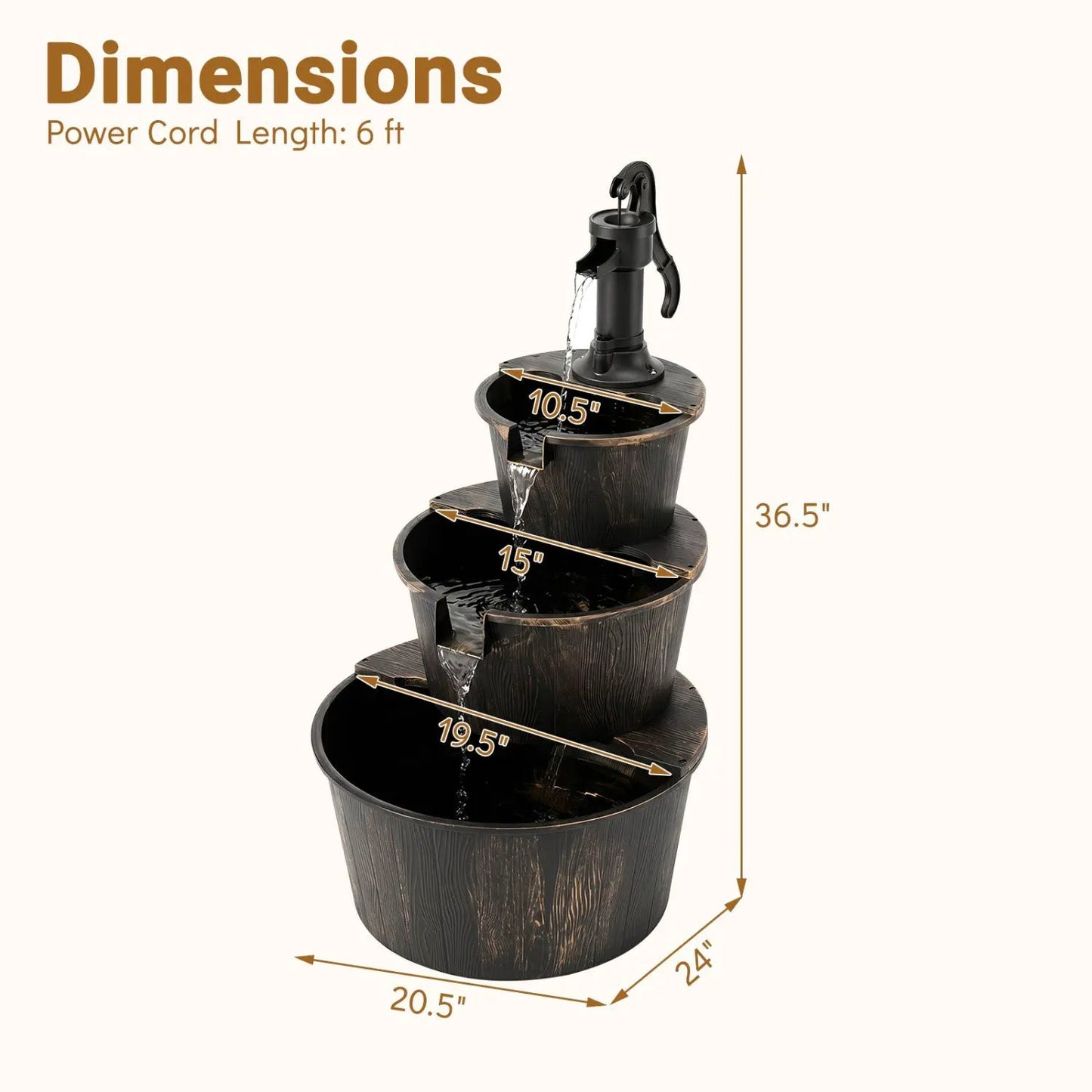 Three Tier Barrel Waterfall Fountain with Pump