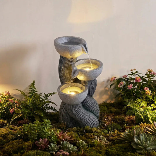 3-Tier Outdoor Water Fountain with LED Lights DirectDeals; gray stone fountain with flowing water on Tampa Home & Garden Store