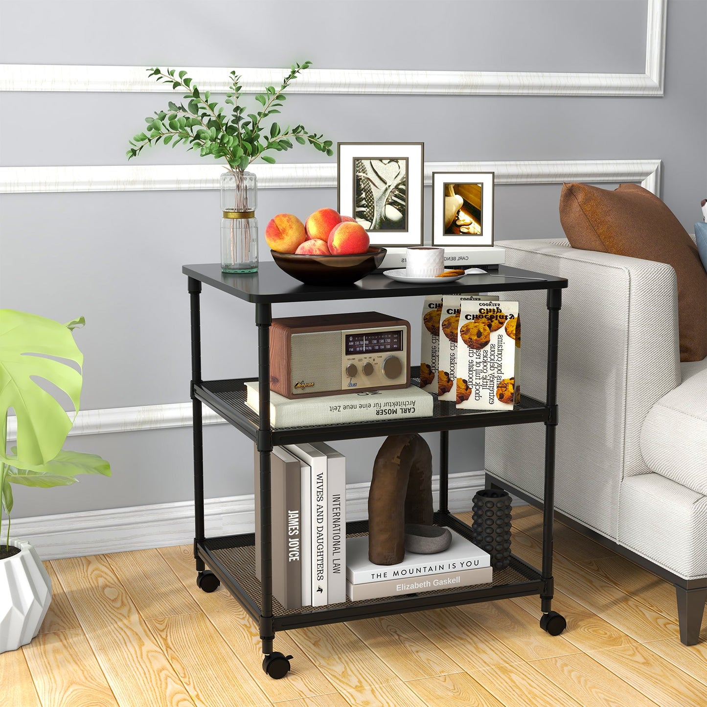 3 Tier Printer Stand Rolling Fax Cart with Adjustable Shelf and Swivel Wheels