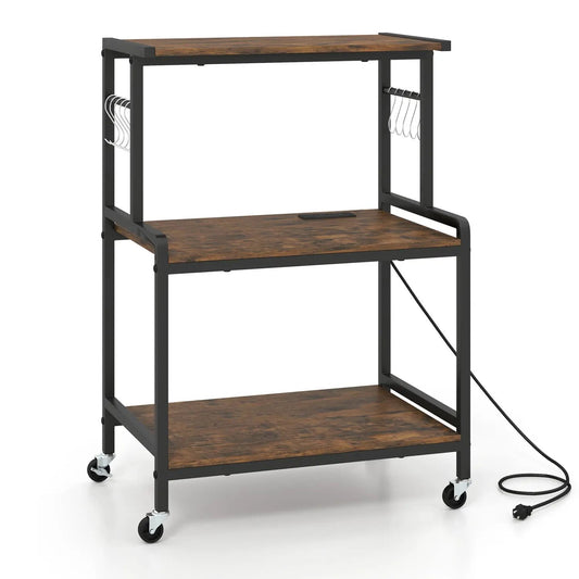 DirectDeals 3-Tier Rolling Microwave Cart with Power Outlet and Hooks, black metal frame and wood shelves on Tampa Home & Garden Store