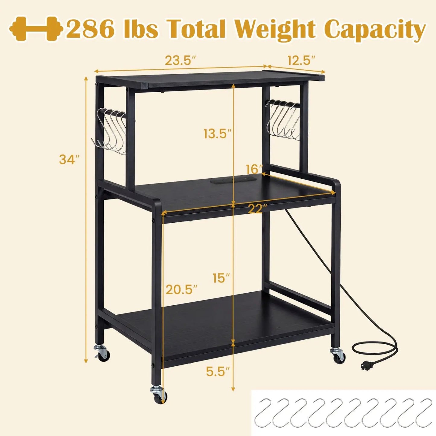 3-Tier Rolling Microwave Cart With Power Outlets