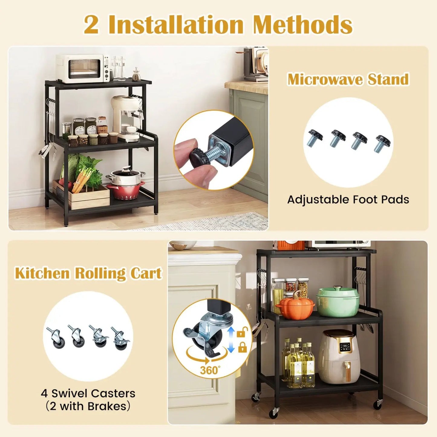 3-Tier Rolling Microwave Cart With Power Outlets