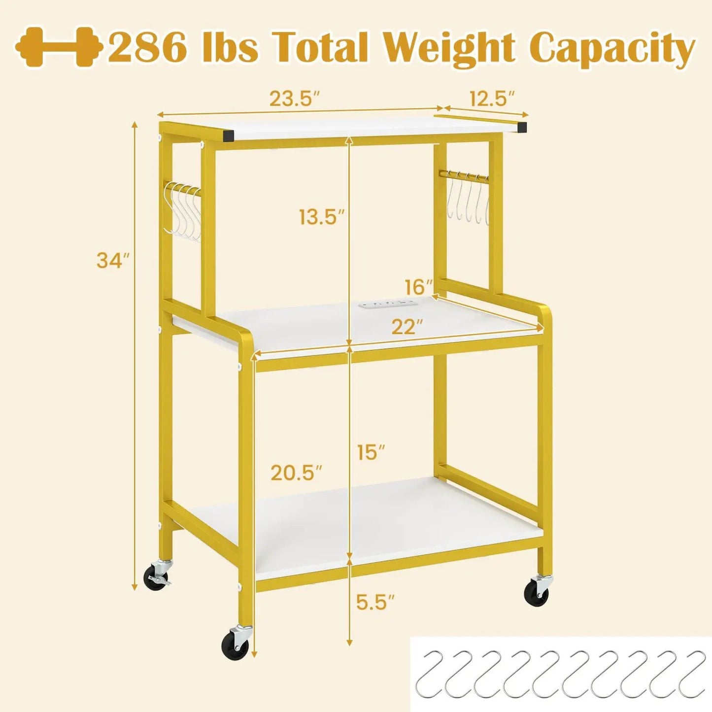 3-Tier Rolling Microwave Cart With Power Outlets