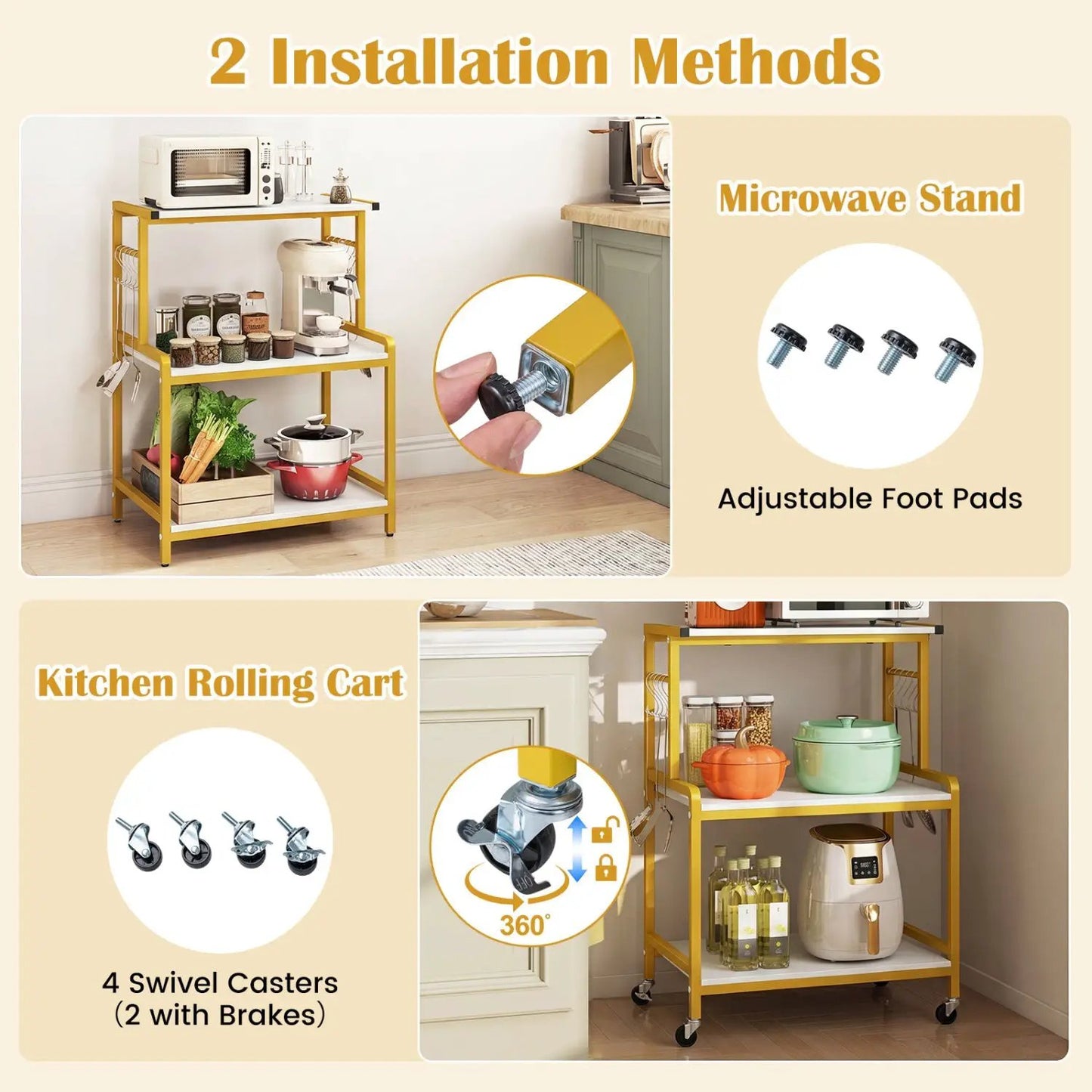 3-Tier Rolling Microwave Cart With Power Outlets