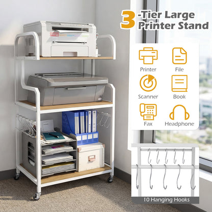 3-Tier Rolling Printer Stand Home Office Large Printer Cart with Storage Shelves
