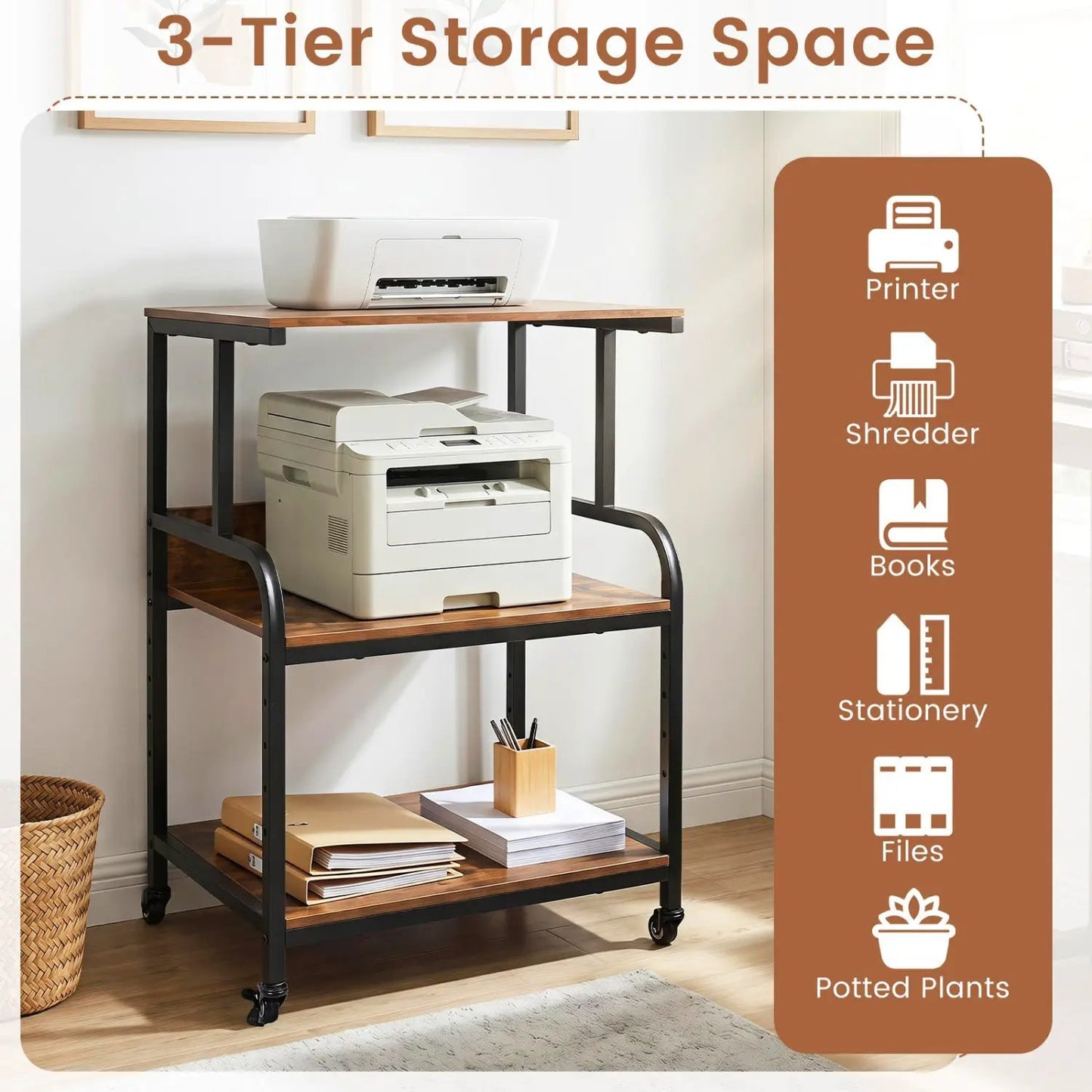 3-Tier Mobile Printer Stand with Adjustable Shelf
