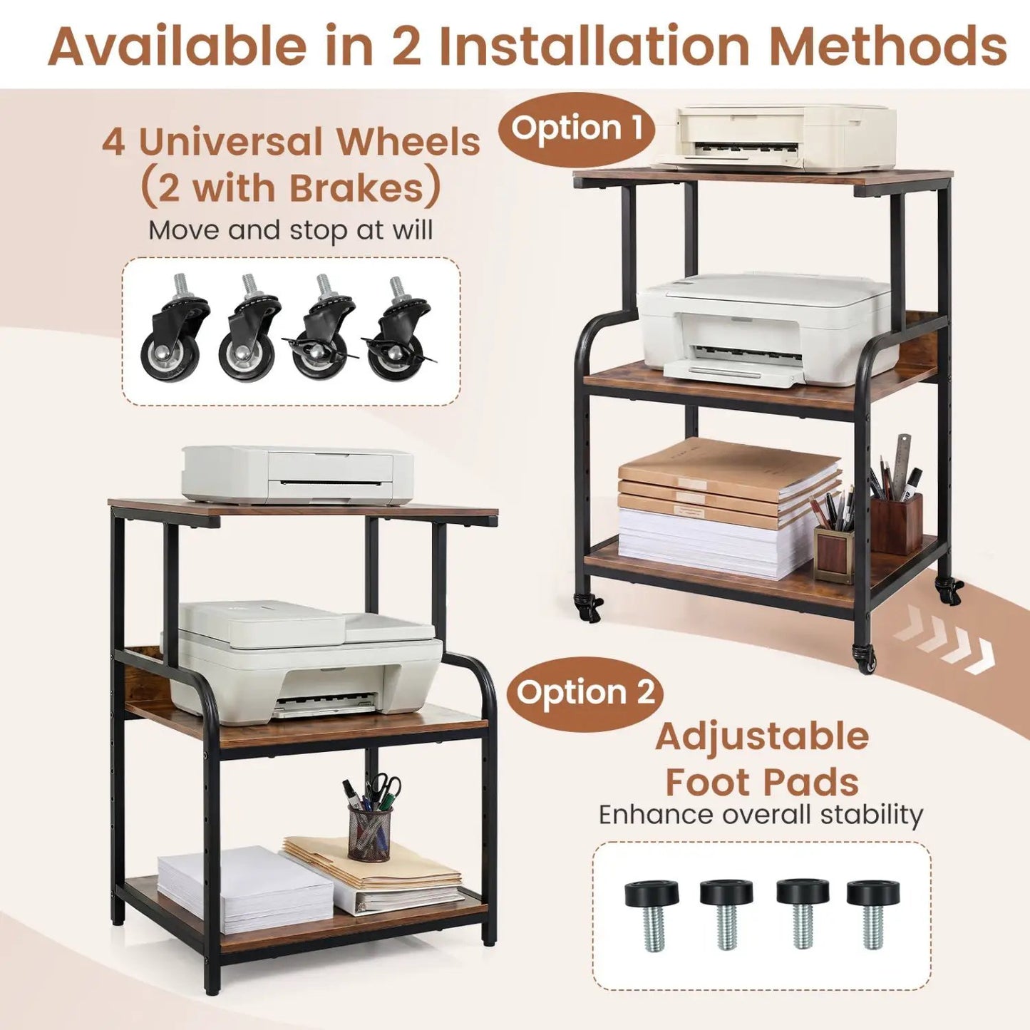 3-Tier Mobile Printer Stand with Adjustable Shelf