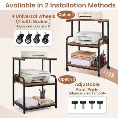 3-Tier Mobile Printer Stand with Adjustable Shelf