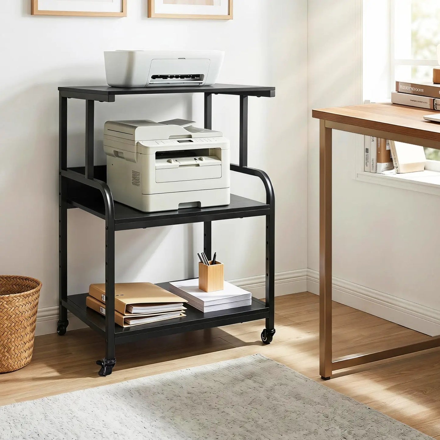 3-Tier Mobile Printer Stand with Adjustable Shelf
