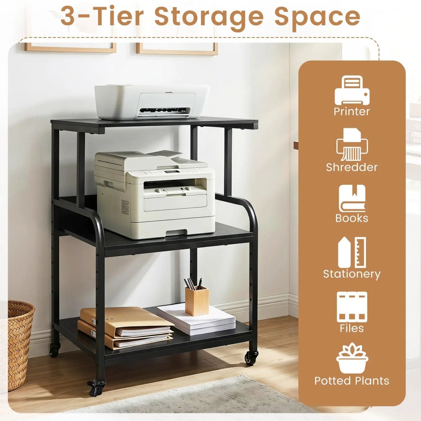 3-Tier Mobile Printer Stand with Adjustable Shelf