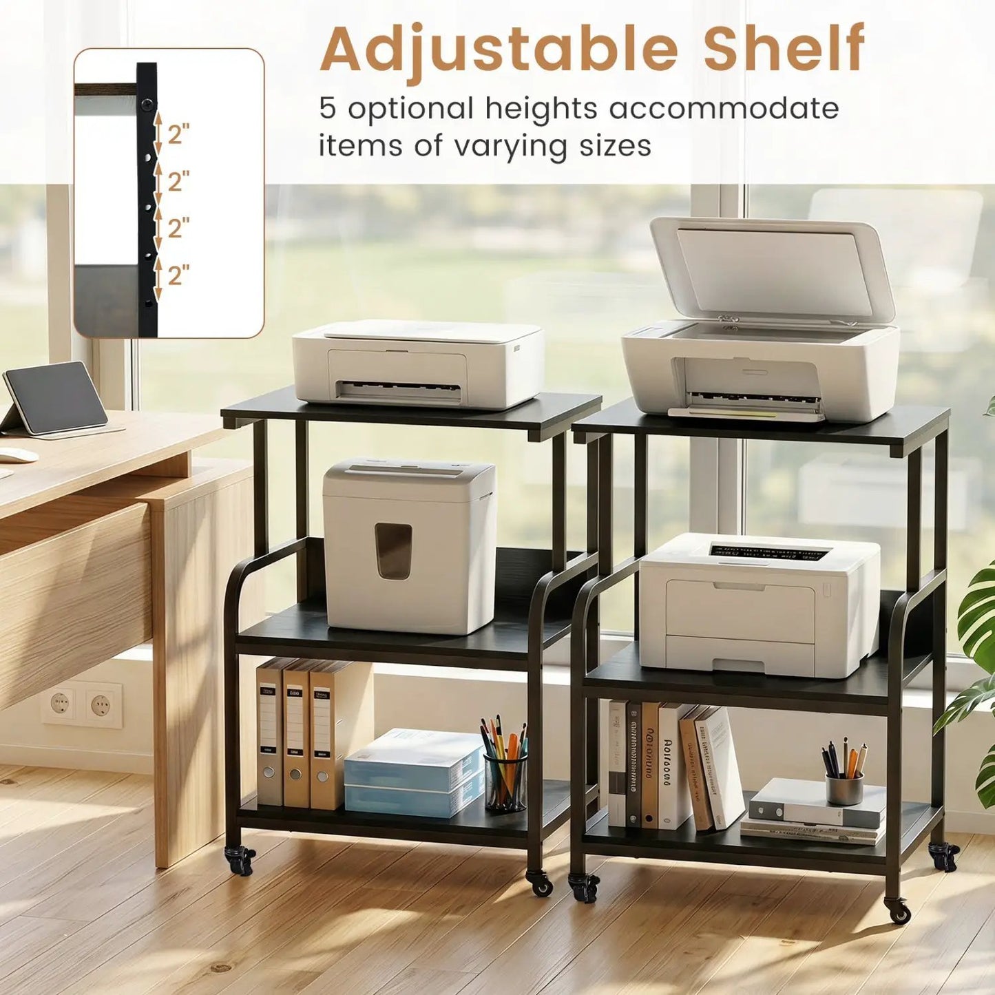 3-Tier Mobile Printer Stand with Adjustable Shelf
