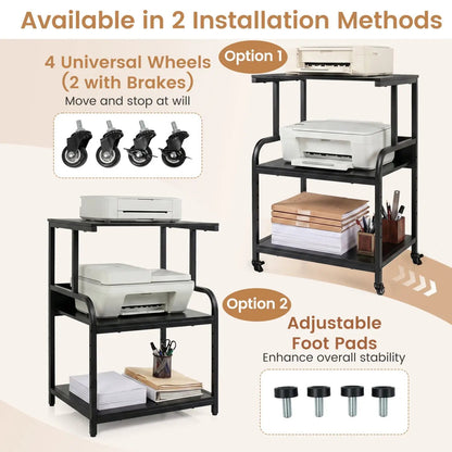 3-Tier Mobile Printer Stand with Adjustable Shelf