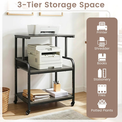 3-Tier Mobile Printer Stand with Adjustable Shelf