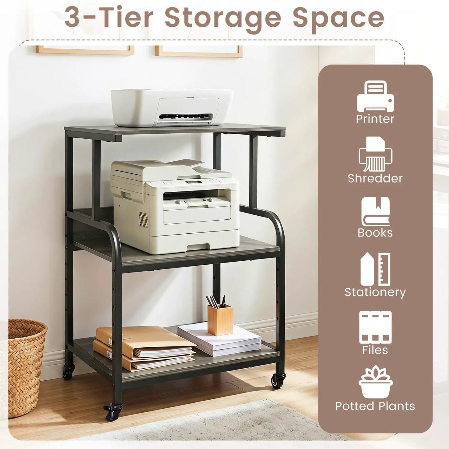 3-Tier Mobile Printer Stand with Adjustable Shelf