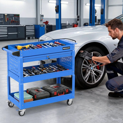Three-Tier Rolling Tool Cart and Lockable Drawer