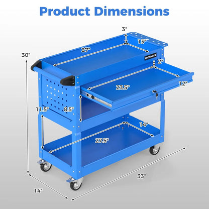 Three-Tier Rolling Tool Cart and Lockable Drawer