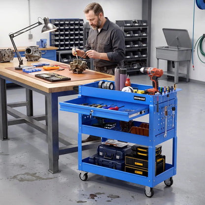 Three-Tier Rolling Tool Cart and Lockable Drawer