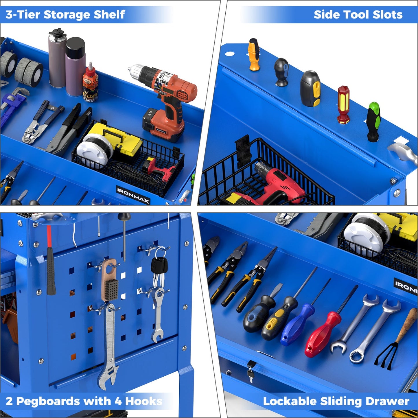 Three-Tier Rolling Tool Cart and Lockable Drawer