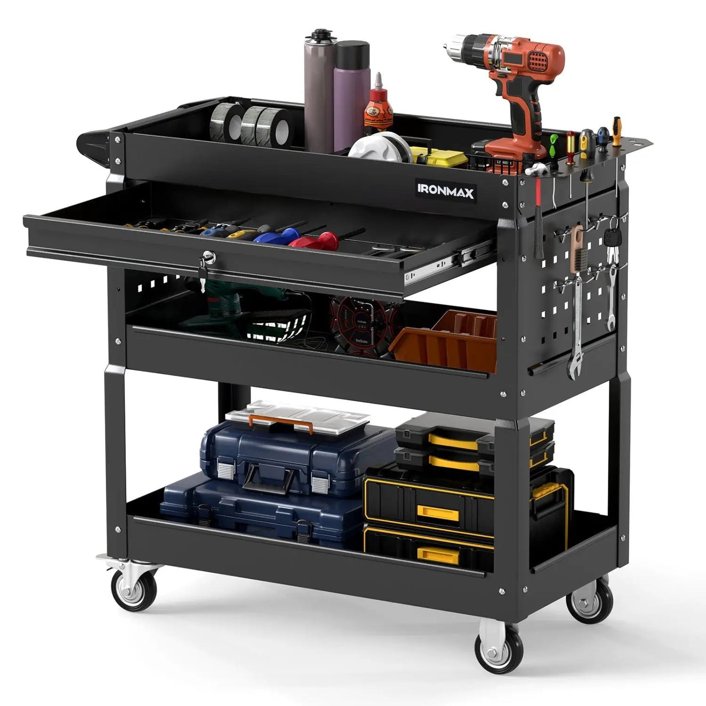 Three-Tier Rolling Tool Cart and Lockable Drawer