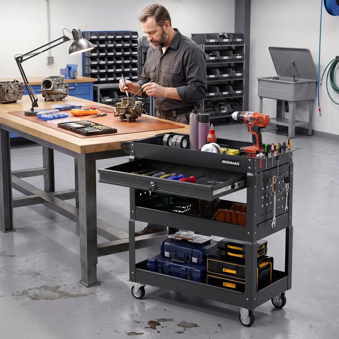 Three-Tier Rolling Tool Cart and Lockable Drawer