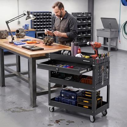 Three-Tier Rolling Tool Cart and Lockable Drawer
