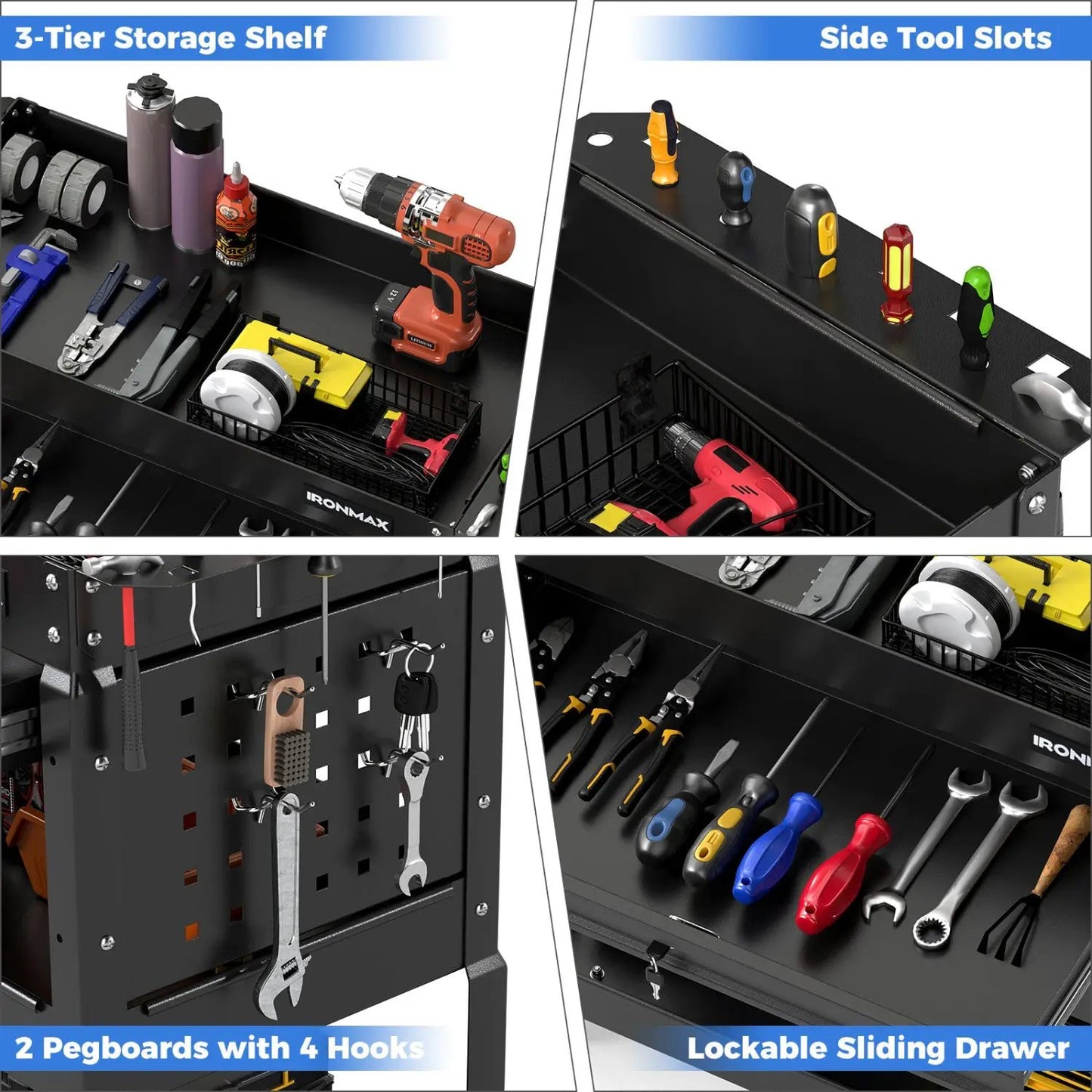 Three-Tier Rolling Tool Cart and Lockable Drawer