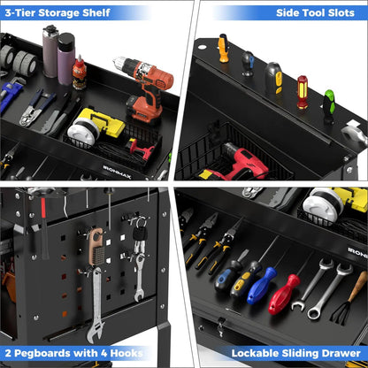 Three-Tier Rolling Tool Cart and Lockable Drawer