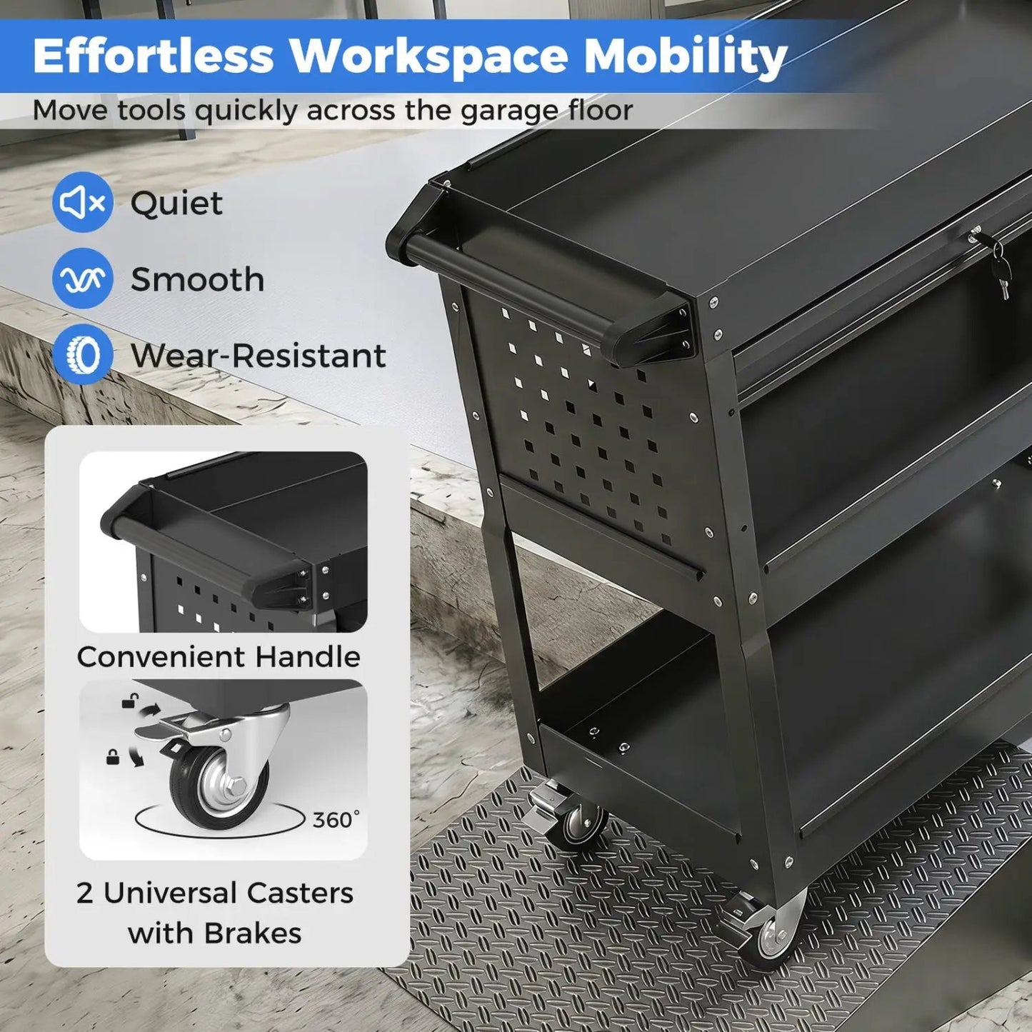 Three-Tier Rolling Tool Cart and Lockable Drawer