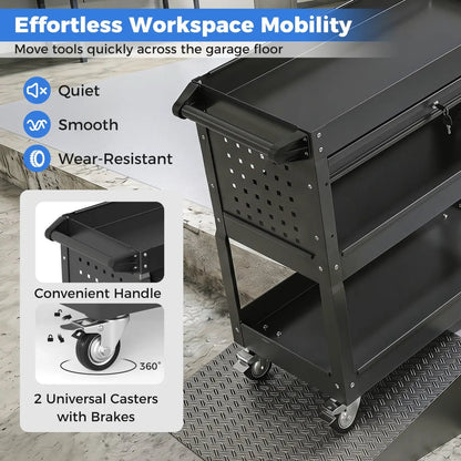 Three-Tier Rolling Tool Cart and Lockable Drawer