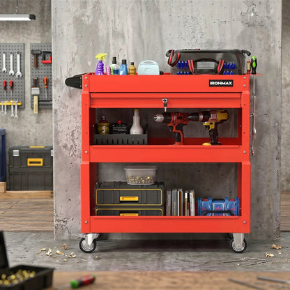 Three-Tier Rolling Tool Cart and Lockable Drawer