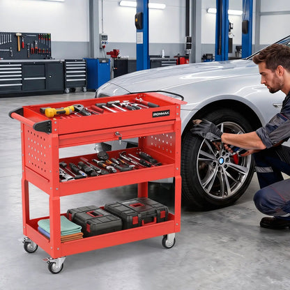 Three-Tier Rolling Tool Cart and Lockable Drawer