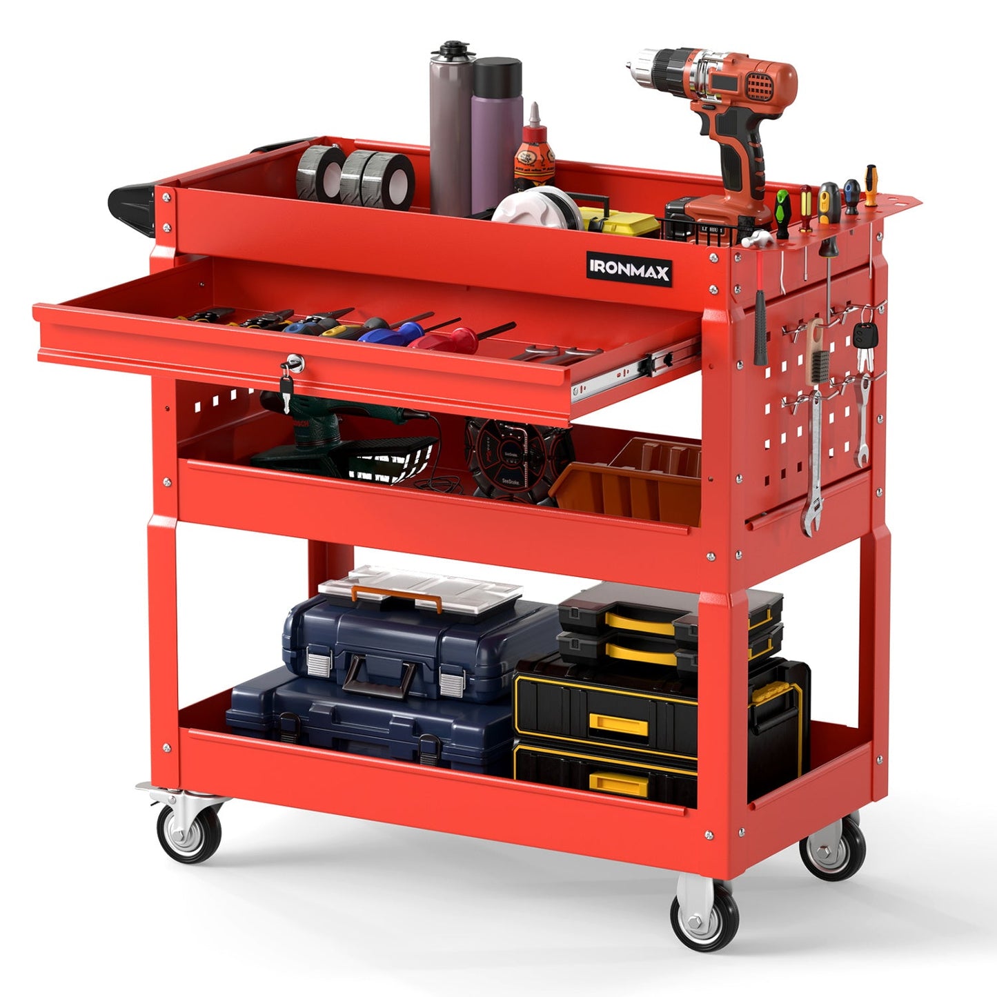 Three-Tier Rolling Tool Cart and Lockable Drawer