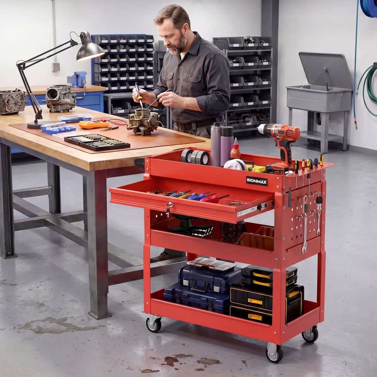 Three-Tier Rolling Tool Cart and Lockable Drawer