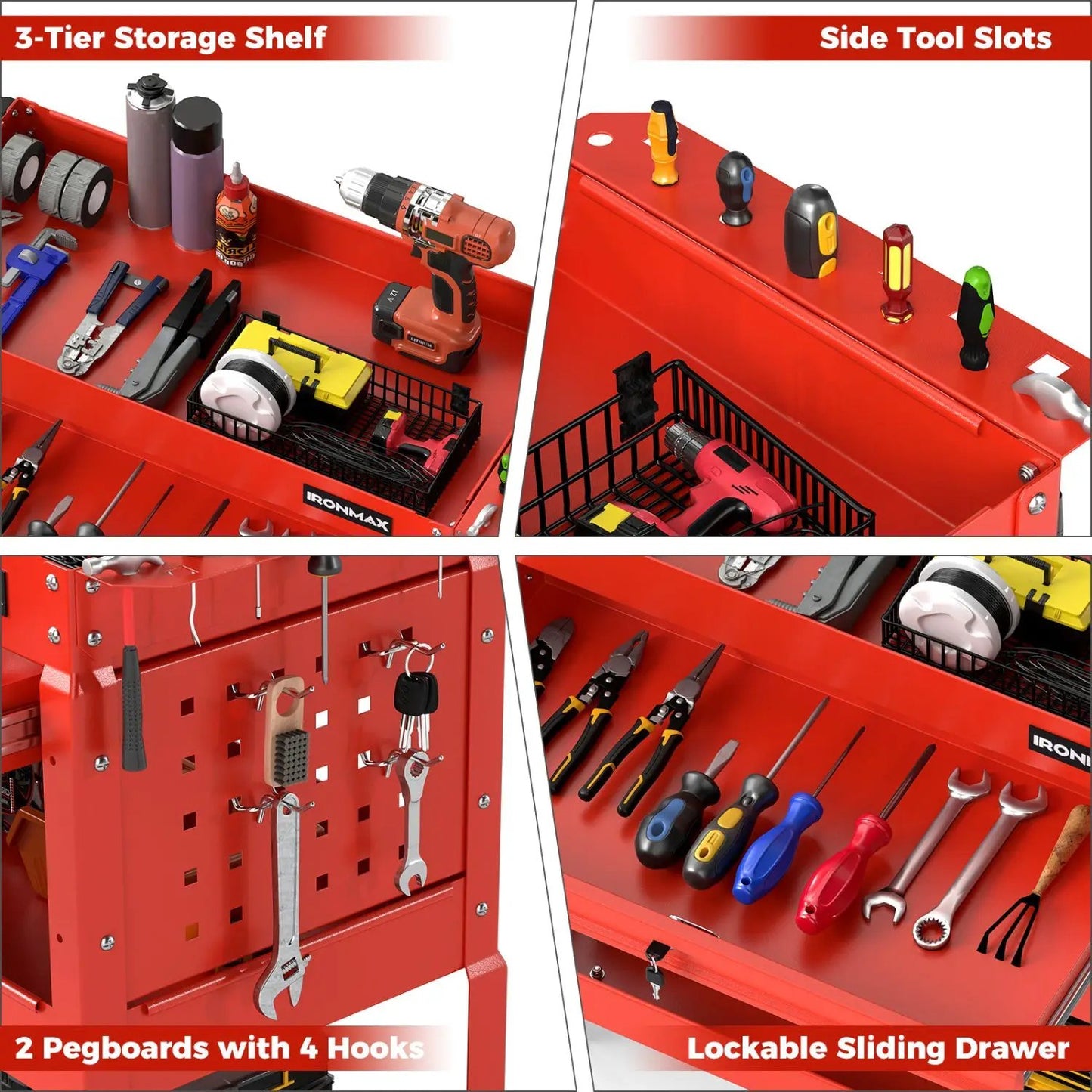 Three-Tier Rolling Tool Cart and Lockable Drawer