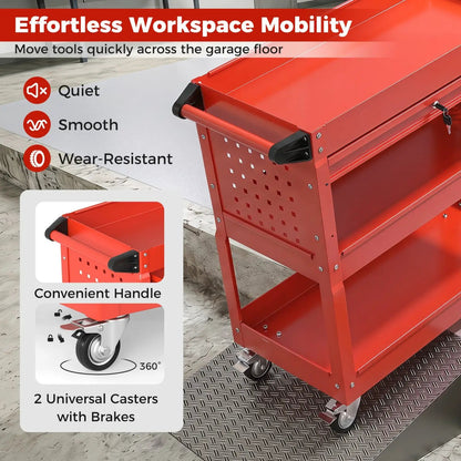 Three-Tier Rolling Tool Cart and Lockable Drawer