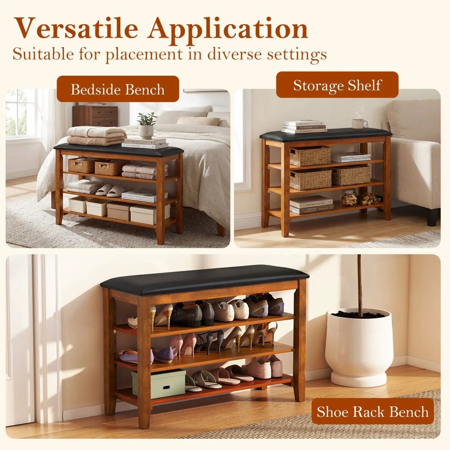 3-Tier Shoe Rack Bench With Adjustable Shelves