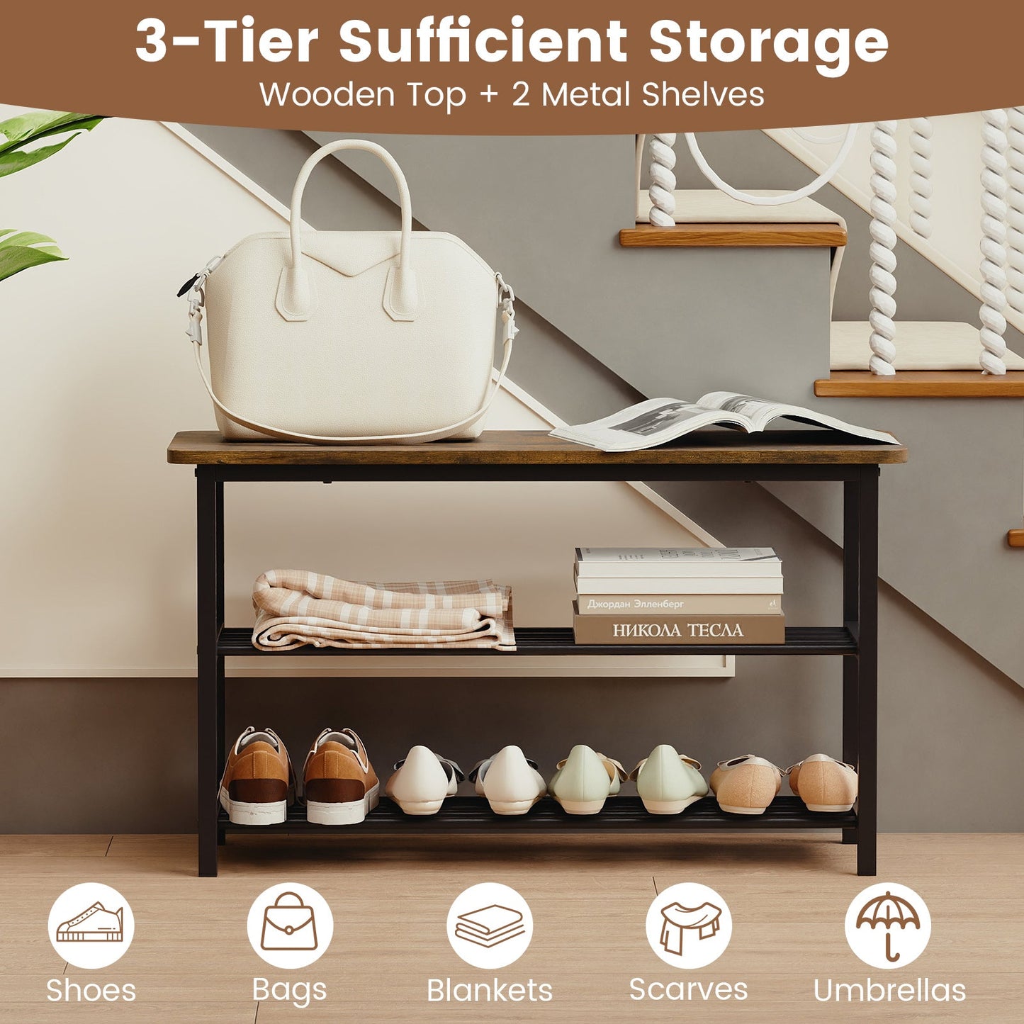 3-Tier Shoe Rack Shoe Bench with Metal Slat Shelves and Long Wooden Seat-Rustic Brown