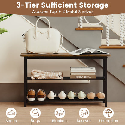 3-Tier Shoe Rack Shoe Bench with Metal Slat Shelves and Long Wooden Seat-Rustic Brown