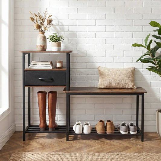 3-Tier Shoe Storage Bench with Drawer and Metal Frame by DirectDeals, wood & black on Tampa Home & Garden Store