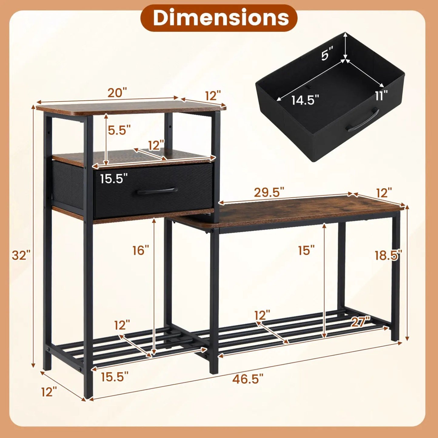 3 Tier Shoe Storage Bench with Drawer and Frame