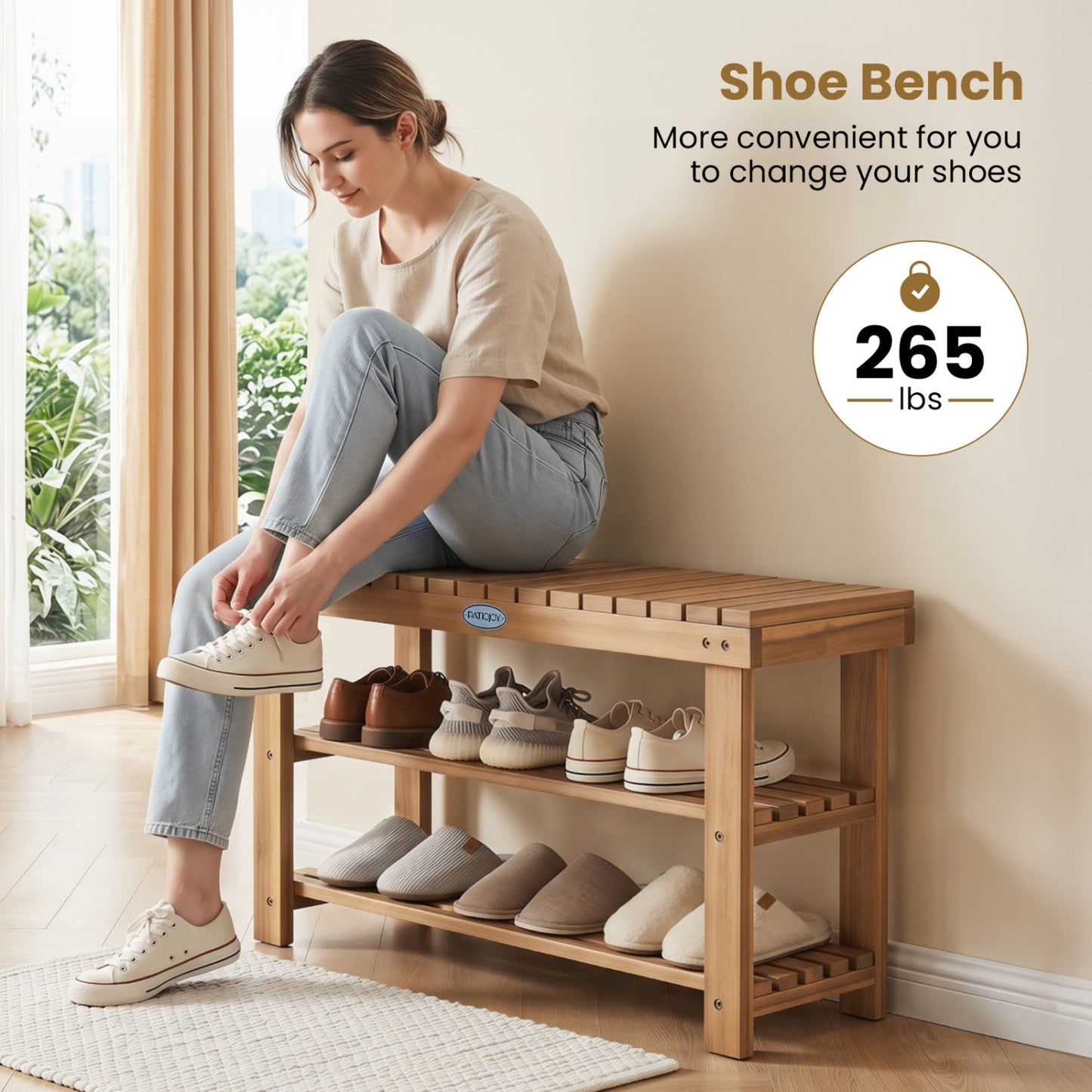Three Tier Solid Wood Shoe Rack with Slats