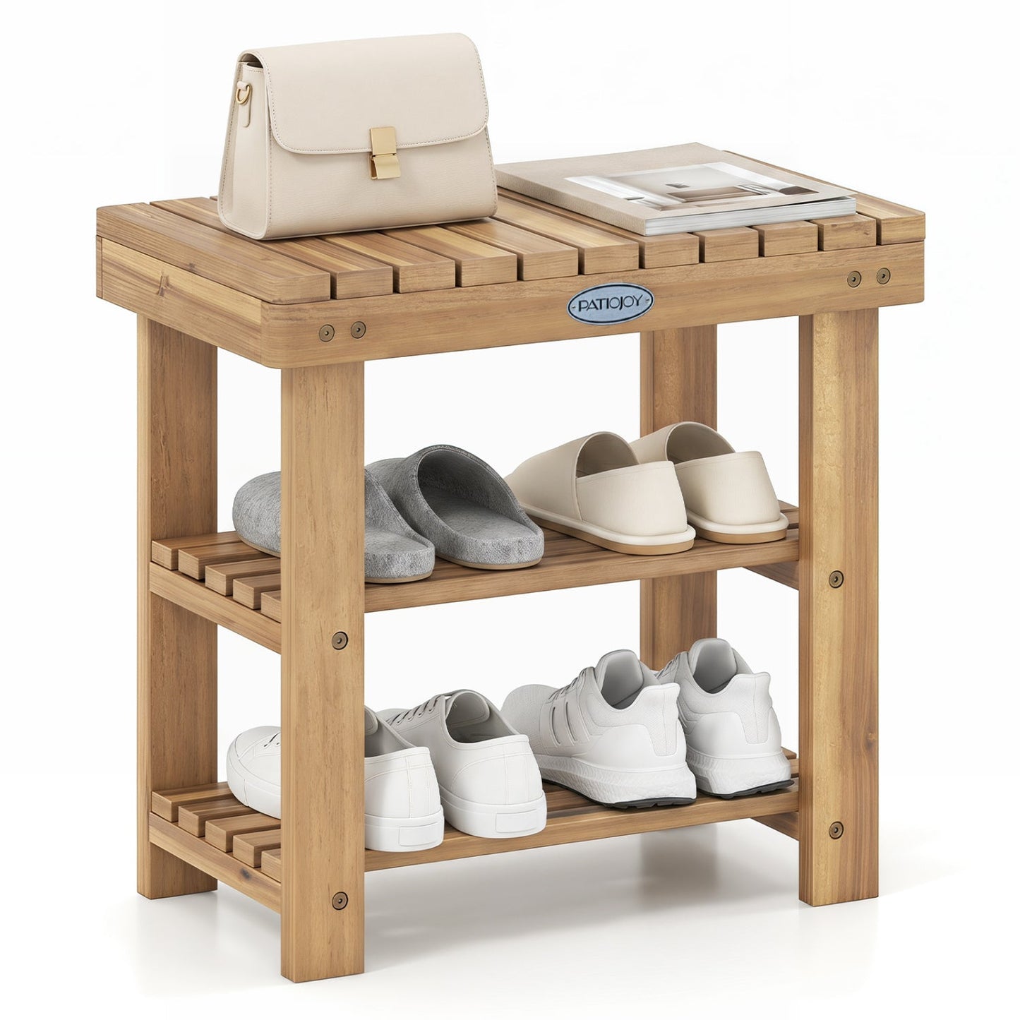 Three Tier Solid Wood Shoe Rack with Slats
