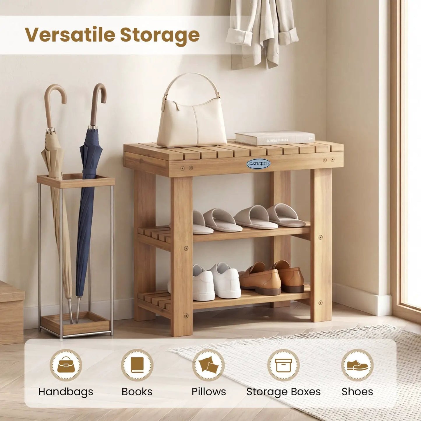 Three Tier Solid Wood Shoe Rack with Slats