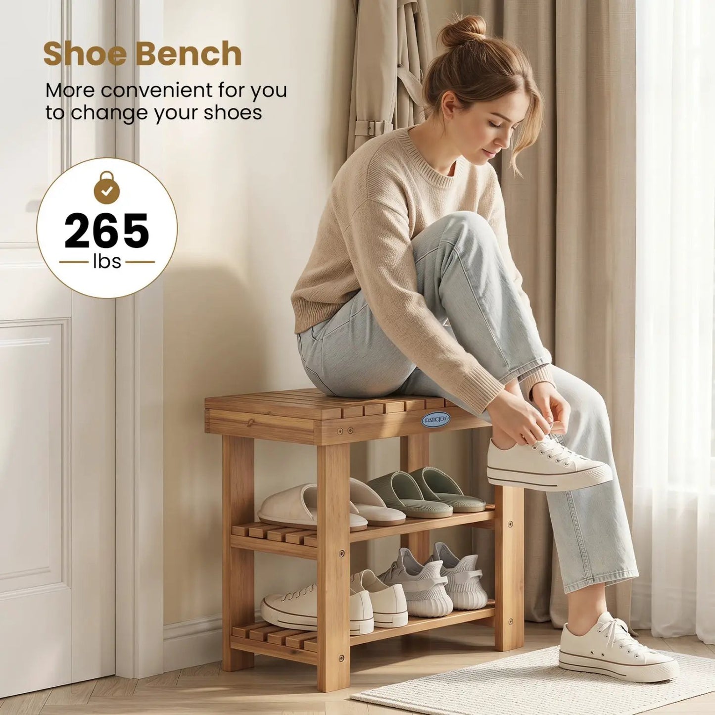 Three Tier Solid Wood Shoe Rack with Slats