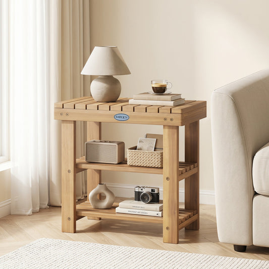 3-Tier Solid Wood Shoe Rack Bench with Slatted Shelves in light wood by DirectDeals with top lamp and coffee mug on books on Tampa Home & Garden Store