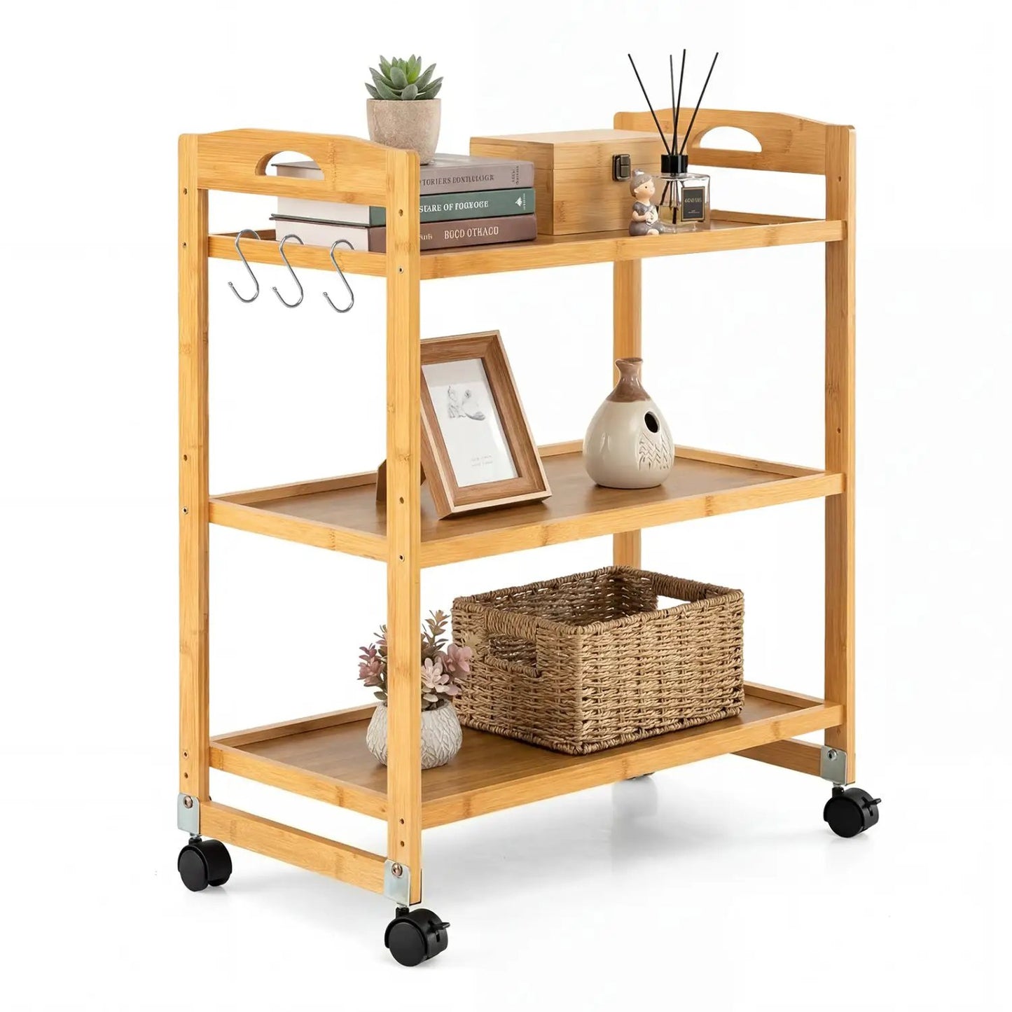 3 Tier Bamboo Storage Rolling Cart With 4 Wheels