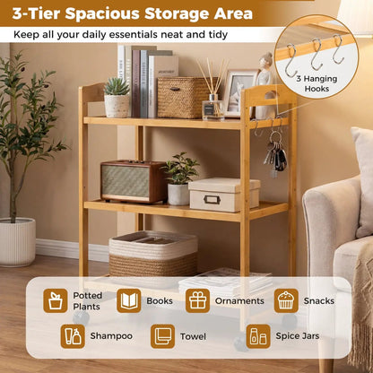 3 Tier Bamboo Storage Rolling Cart With 4 Wheels
