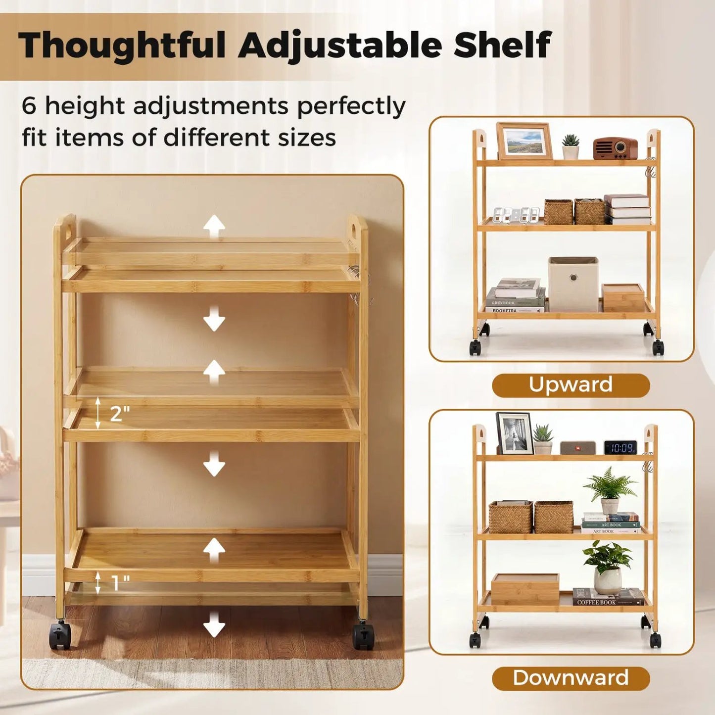 3 Tier Bamboo Storage Rolling Cart With 4 Wheels
