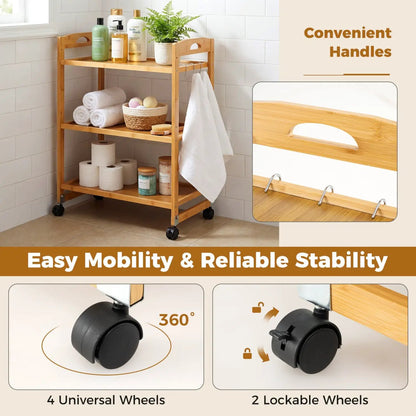 3 Tier Bamboo Storage Rolling Cart With 4 Wheels