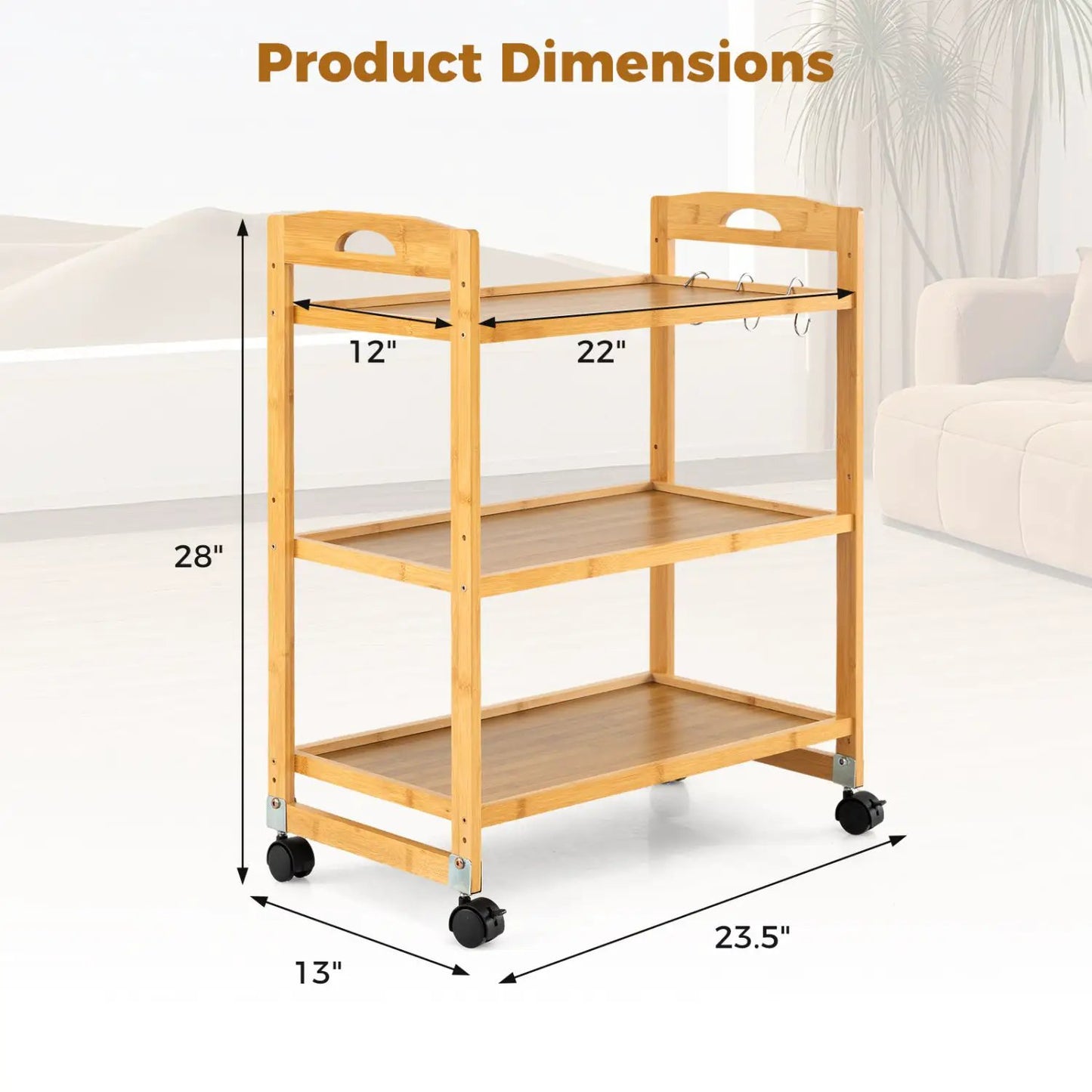 3 Tier Bamboo Storage Rolling Cart With 4 Wheels